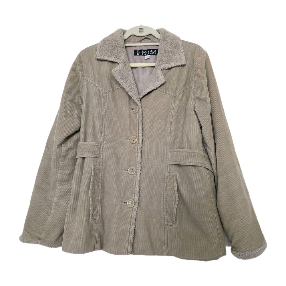 Vintage Mudd Corduroy Jacket Womens Large Beige Faux Fur Trim Y2K Mallcore Coat